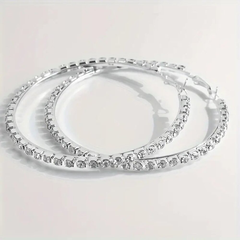 Exaggerated Full Rhinestone Decor Hoop Earrings, Large Size Circle Hoop Earrings